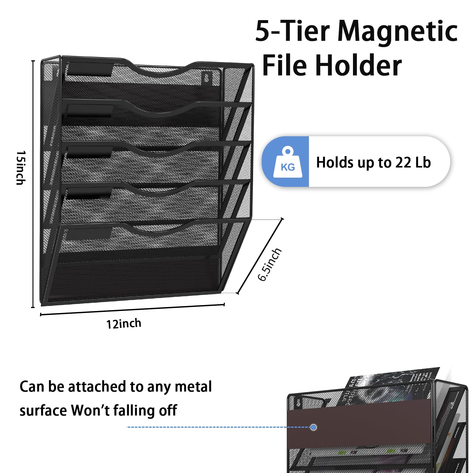 LQPAFZ 5-Tier Magnetic File Holder, No Drilling Installation File Cabinet Organizer, Black Magnetic