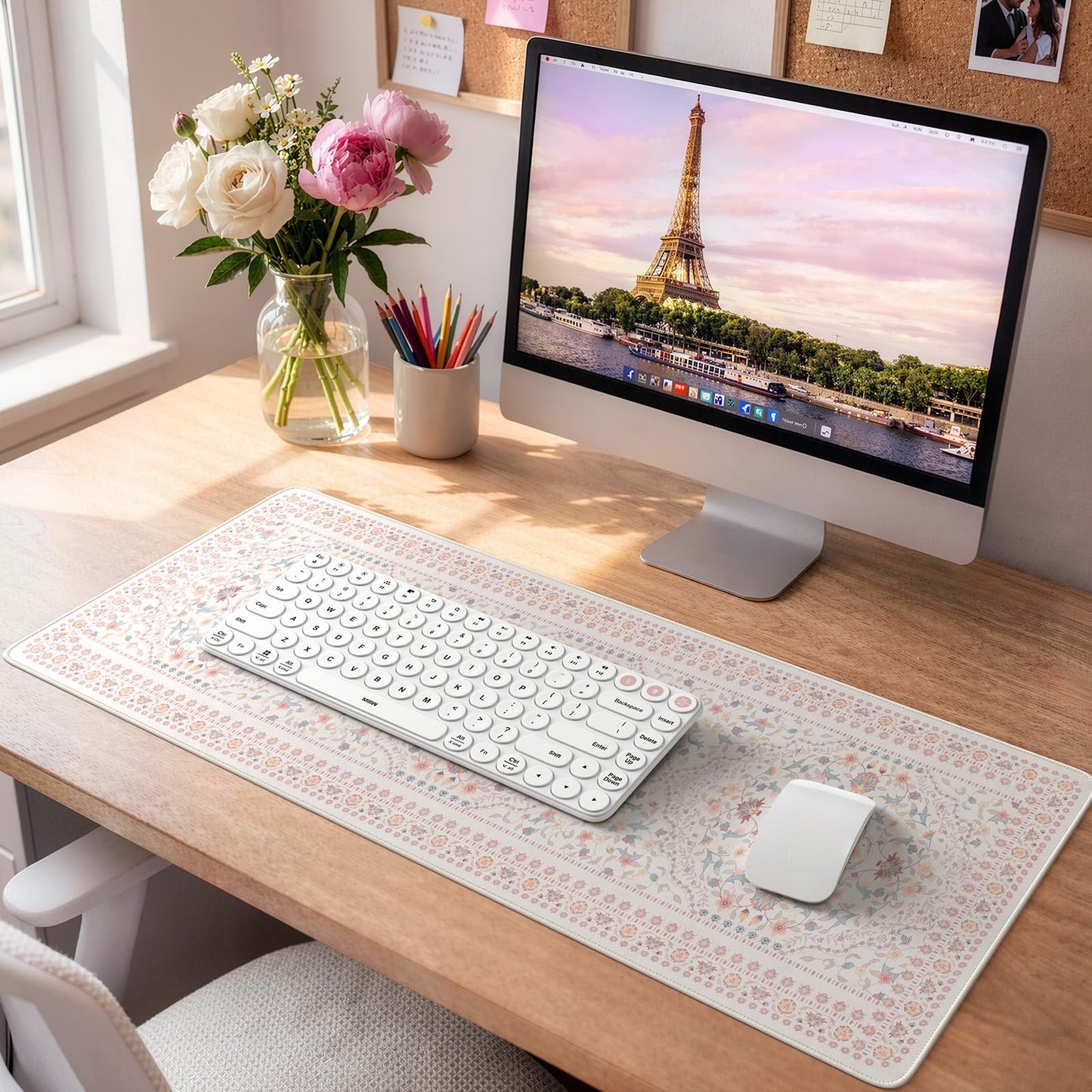 HAOCOO Light Pink Floral Mousepad, 31.5" x 11.8" Keyboard Mat for School
