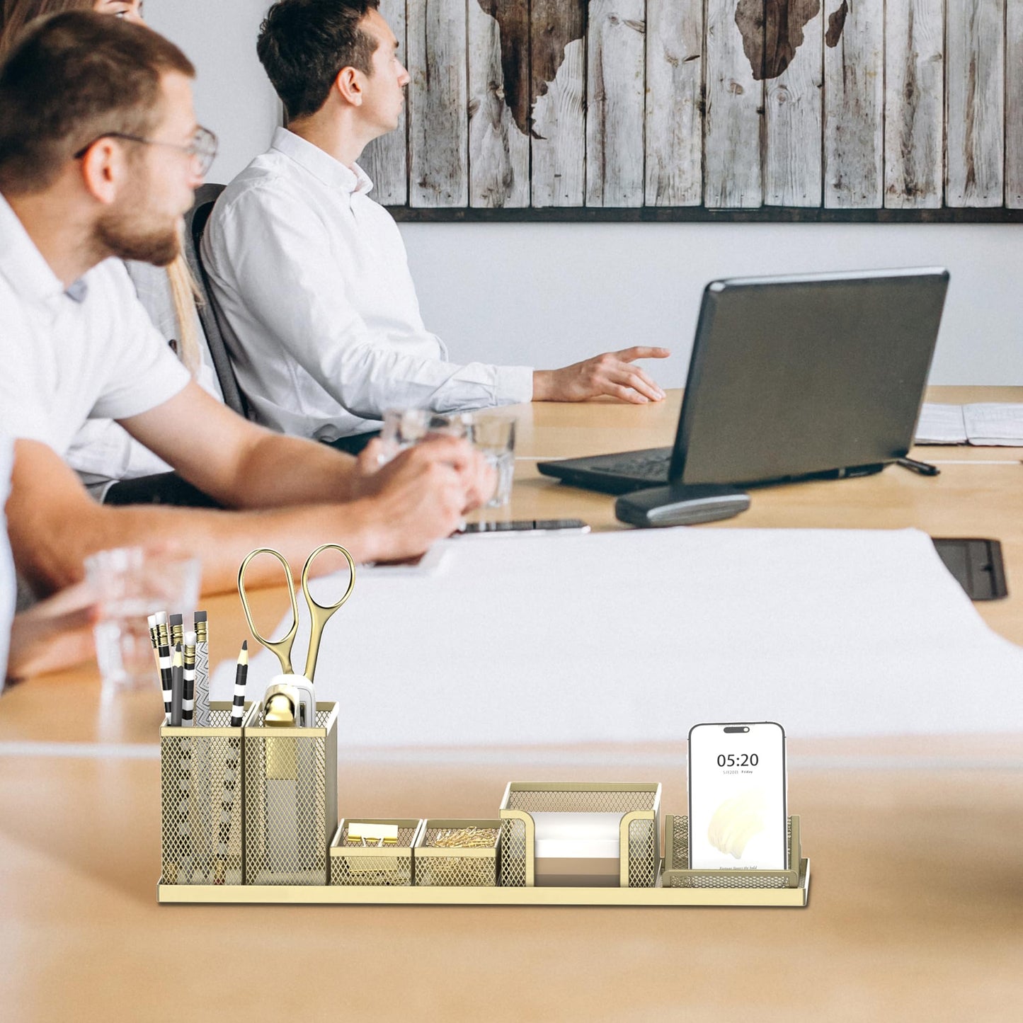 Pen Holder for Desk, 6-Piece Mesh Desk Organizer with Phone Holder, Gold