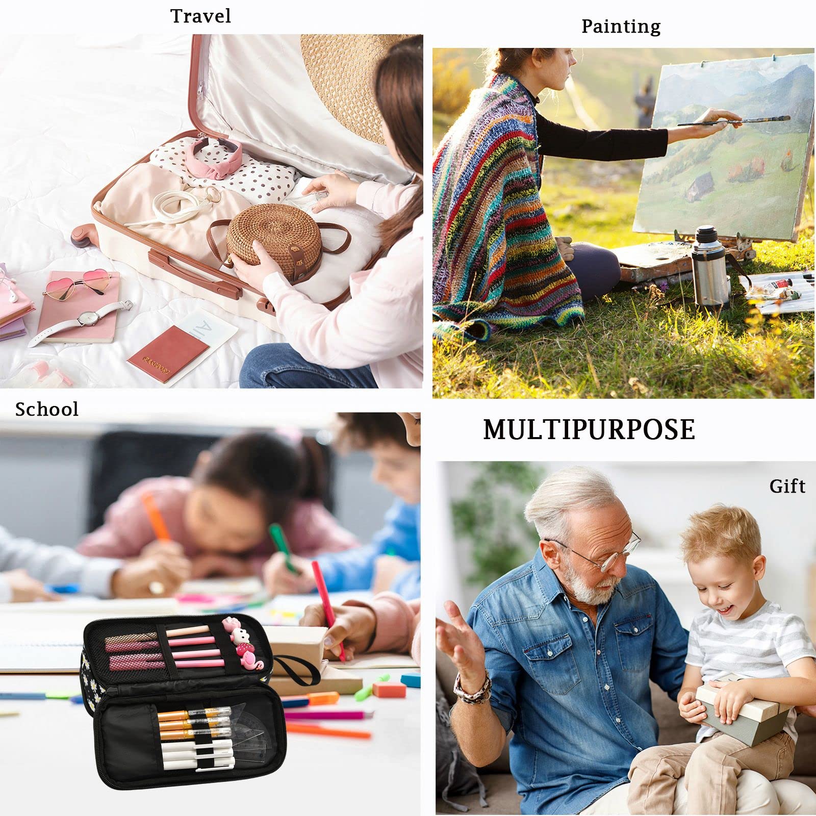 Fustylead Little Daisy Pencil Pen Case 3 Compartments, Lightweight & Spacious Pencil Pouch Zipper