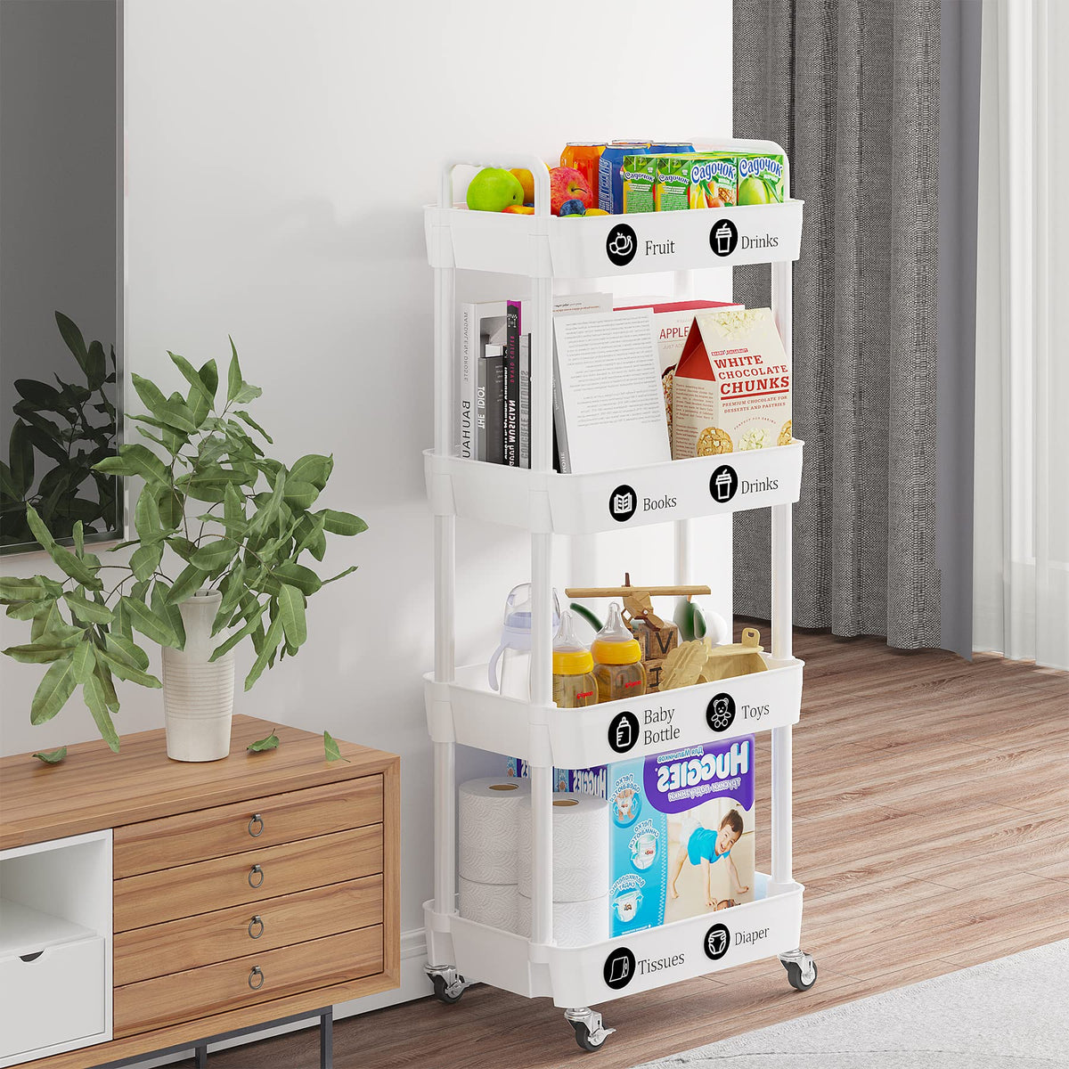 4 Tier Rolling Cart with Wheels, Utility Storage Carts,White