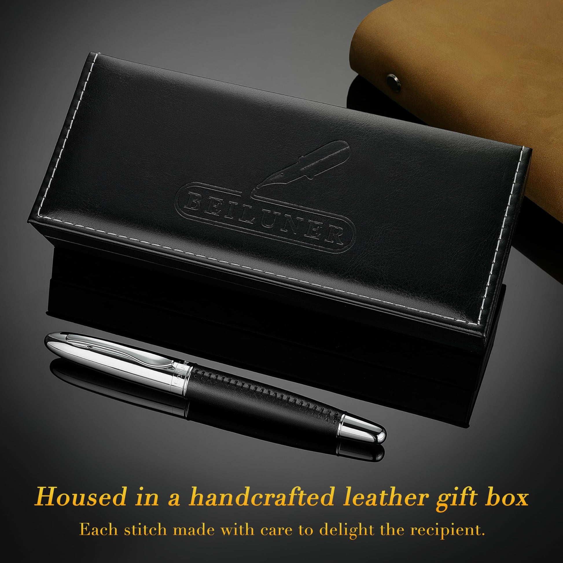 BEILUNER 318 Luxury Personalized Pen, Hand-Stitched Premium Black Leather