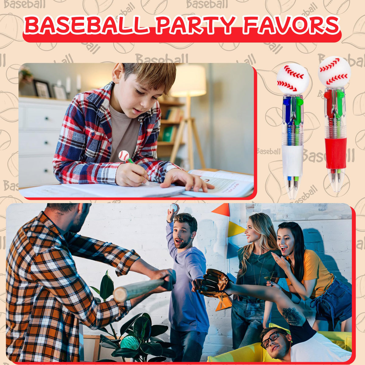 LiYiQ 25 Pcs Baseball Party Favor Multicolor Pen in One Cartoon Cute Fun 4-in-1 Cute Pens Bulk