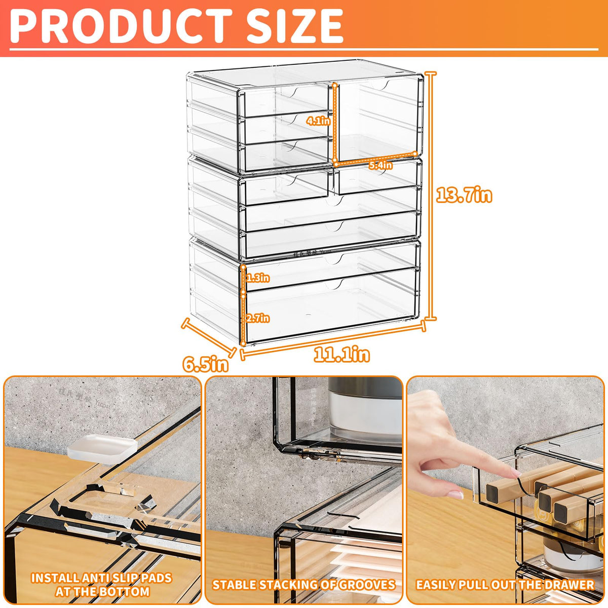 Yieach 3Pack Clear Drawer Organizers Stackable,Acrylic Storage Drawers With 10 Drawers,Multipurpose