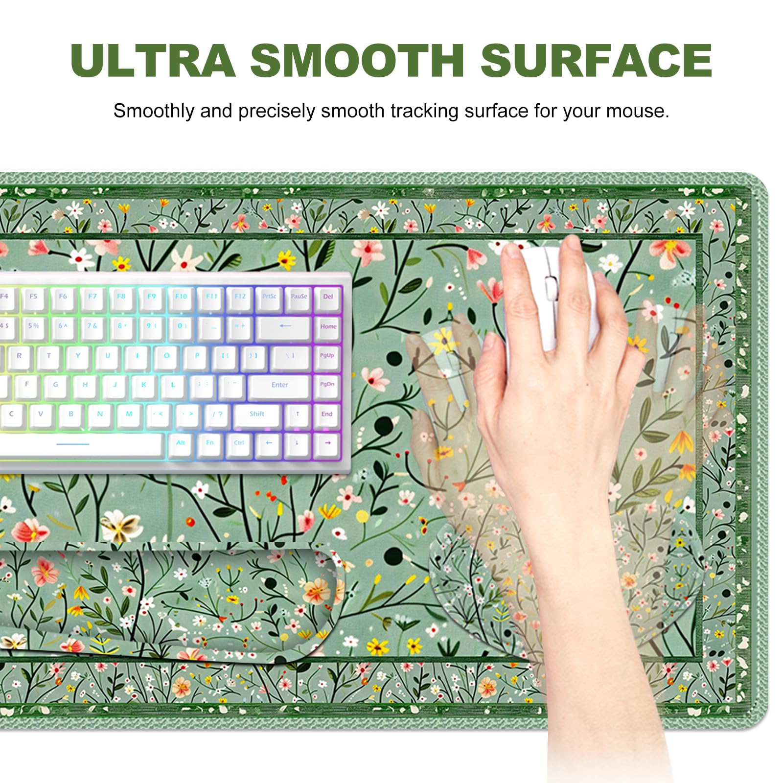 Lauspuck Floral Desk Mat, 4in1 Large Mouse Pad with Wrist Rest, Anti-Slip Desk Pad for Desktop, XXL