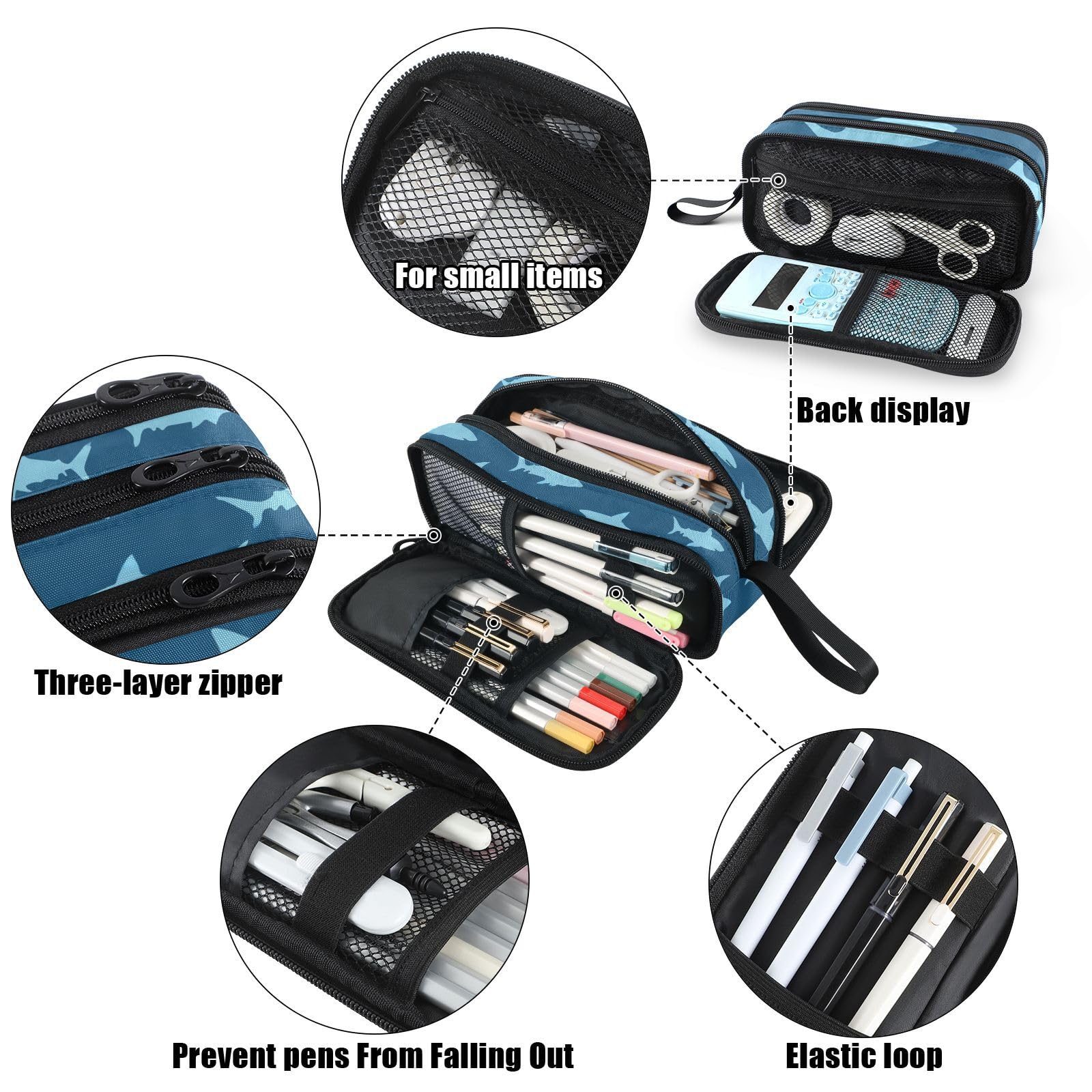 Fustylead Sharks Large Pencil Case Portable Stationery Bag Cosmetics Bag with Handle for School