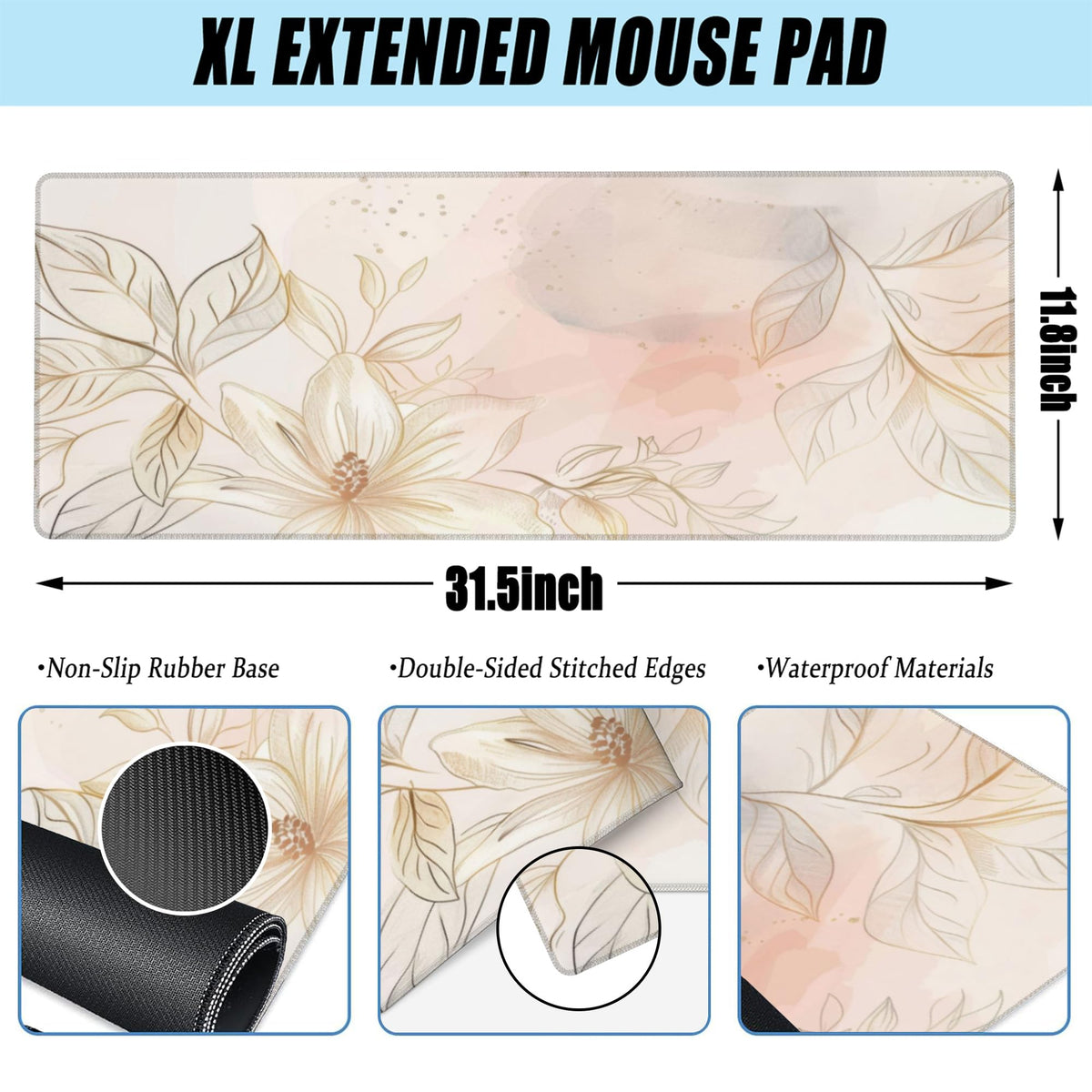 Desk Mat,Minimalist Flowers and Leaves Large Gaming Mouse Pad for Desk XL,Golden Line Floral Desk