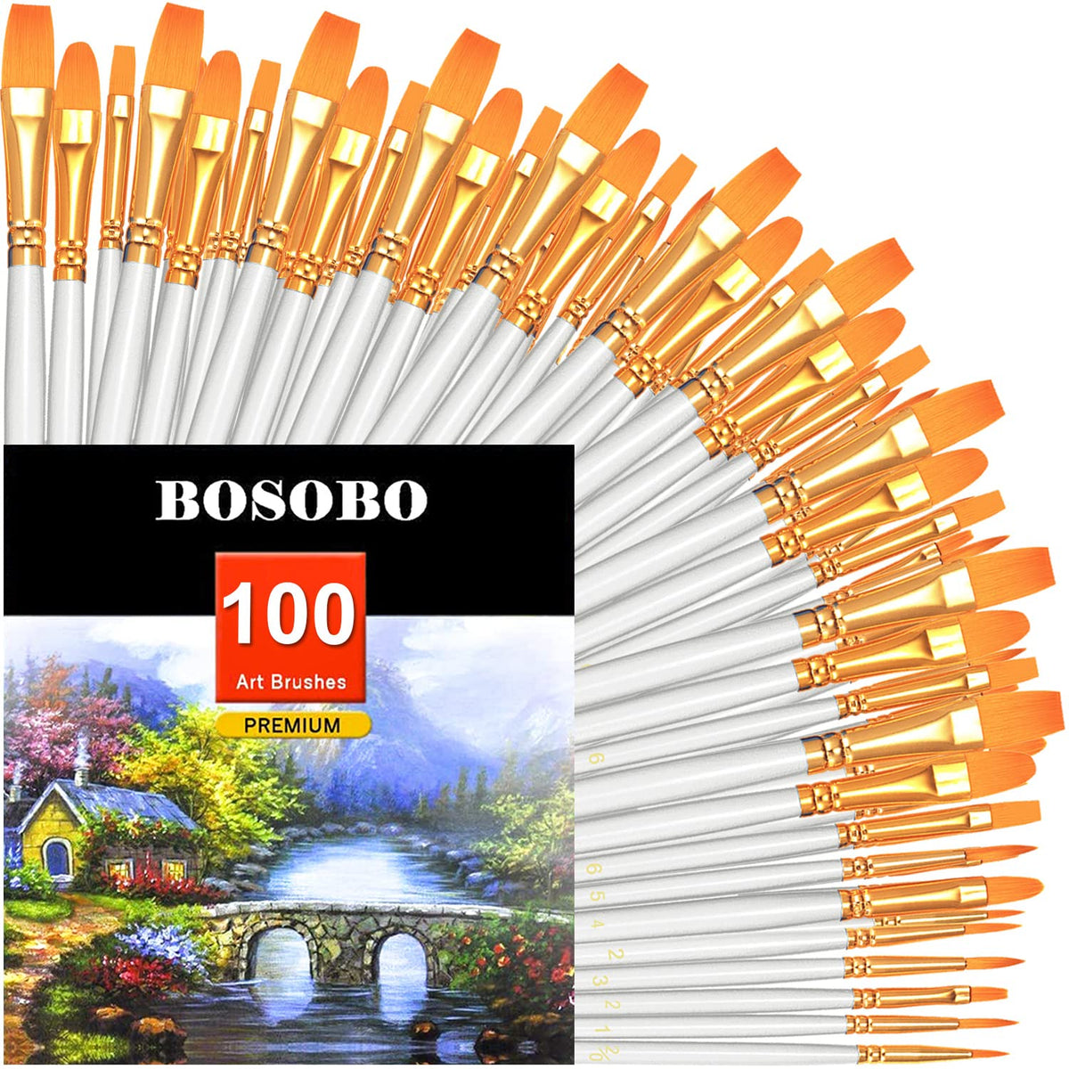 BOSOBO Paint Brushes Set, 10 Pack 100 Pcs Round Pointed Tip Paintbrushes Nylon Hair Artist Acrylic