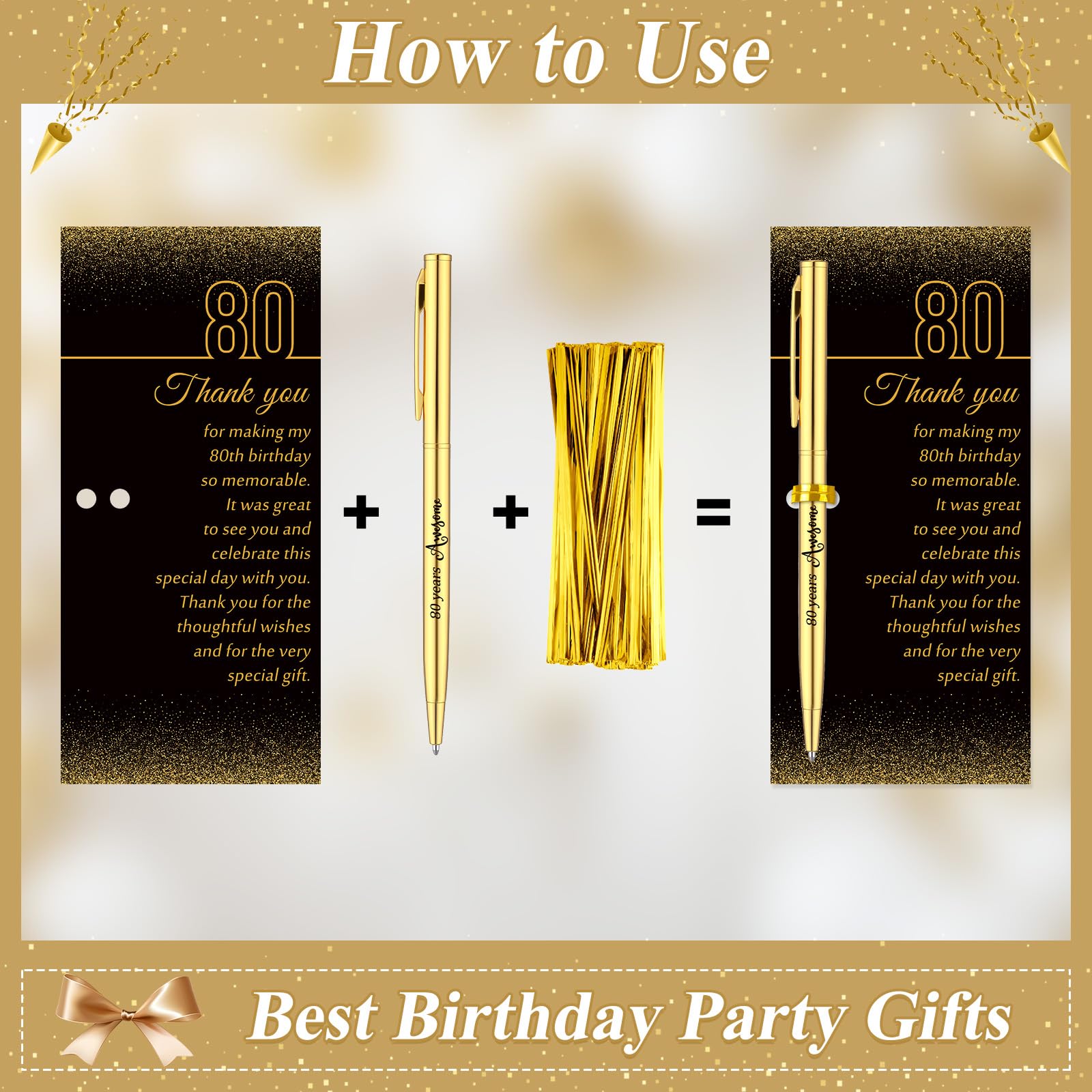 Feifeiya 50 Sets 80th Birthday Party Favors with Black Gold Pens Thank Card