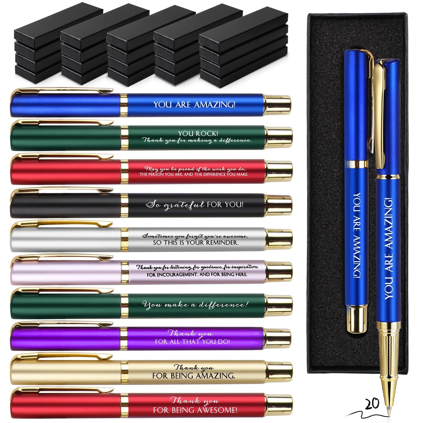 PerKoop 20 Sets Thank You Gifts Bulk Inspirational Ballpoint Pen with Box