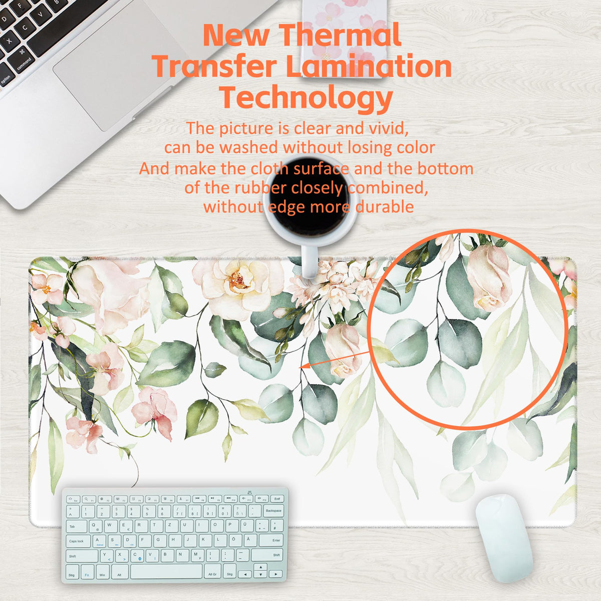 KOAIWPAE Desk Mat, Watercolor Pink Flowers Desk Pad, Green Leaves Flowers Large Gaming Mouse Pad