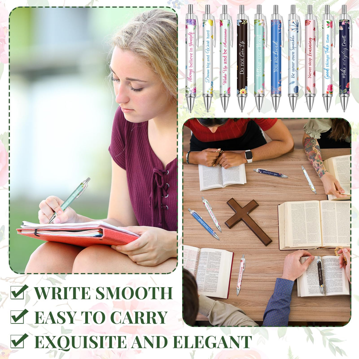 Yeaqee 50 Pcs Motivational Pens Bulk Inspirational Quotes,Flower Style