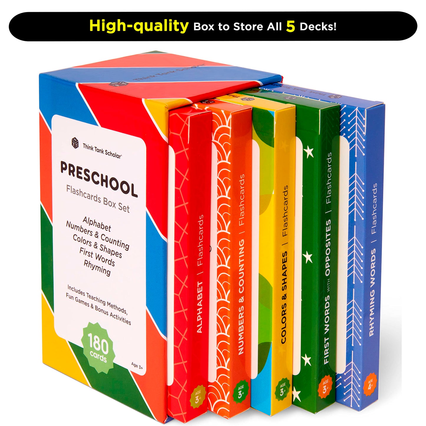 Award-Winning Flash Cards for Preschool & Kindergarten – 5-Deck Set, 180 Jumbo Cards – Learn