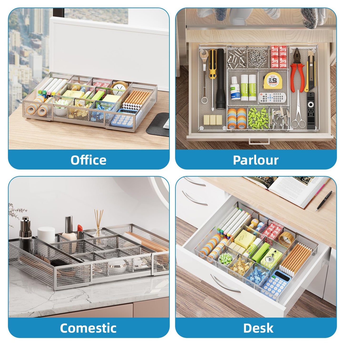 Marbrasse Expandable Desk Drawer Organizer, Mesh Tray with 10 Adjustable Compartments, Desk