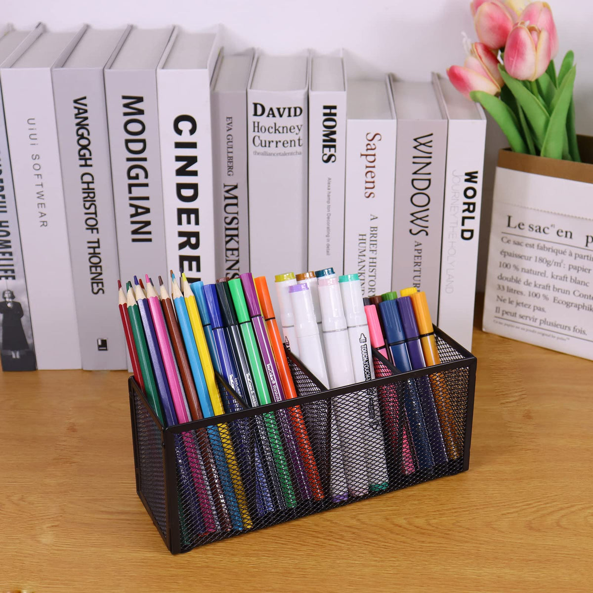 Flytreal 2PCS Black Mesh Pen Pencil Holder, Metal Desk Organizer Desktop Stationery Office Supplies