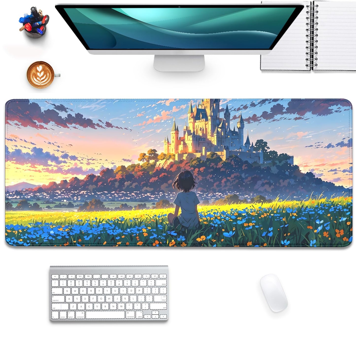 Cartoon Cute Fantasy Castle Sky Flowers Children Extended Desk Pad Mouse Pad,Stitched Edges