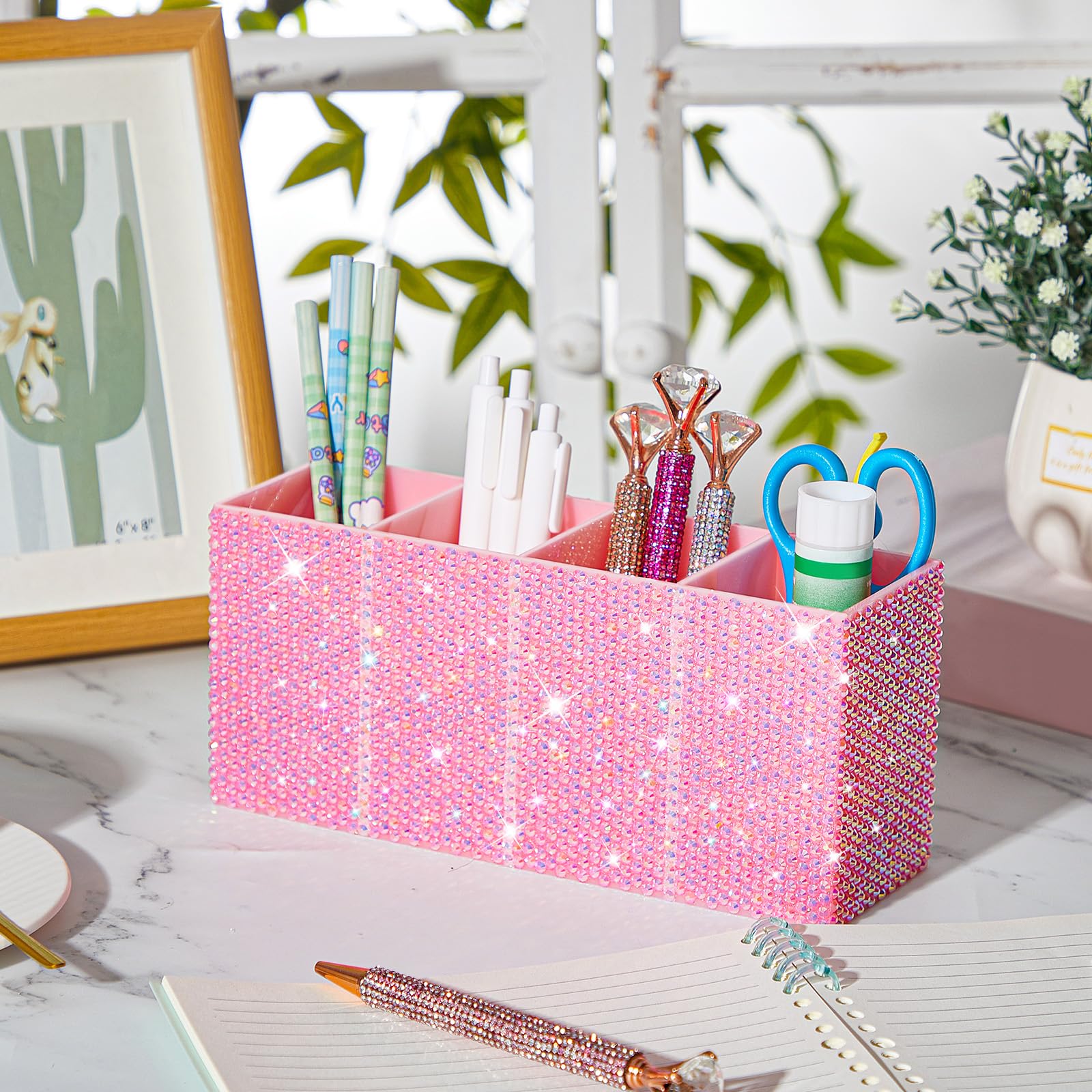 Resholder Rhinestone Desk Organizer, Pink Pen Makeup Brush Holder