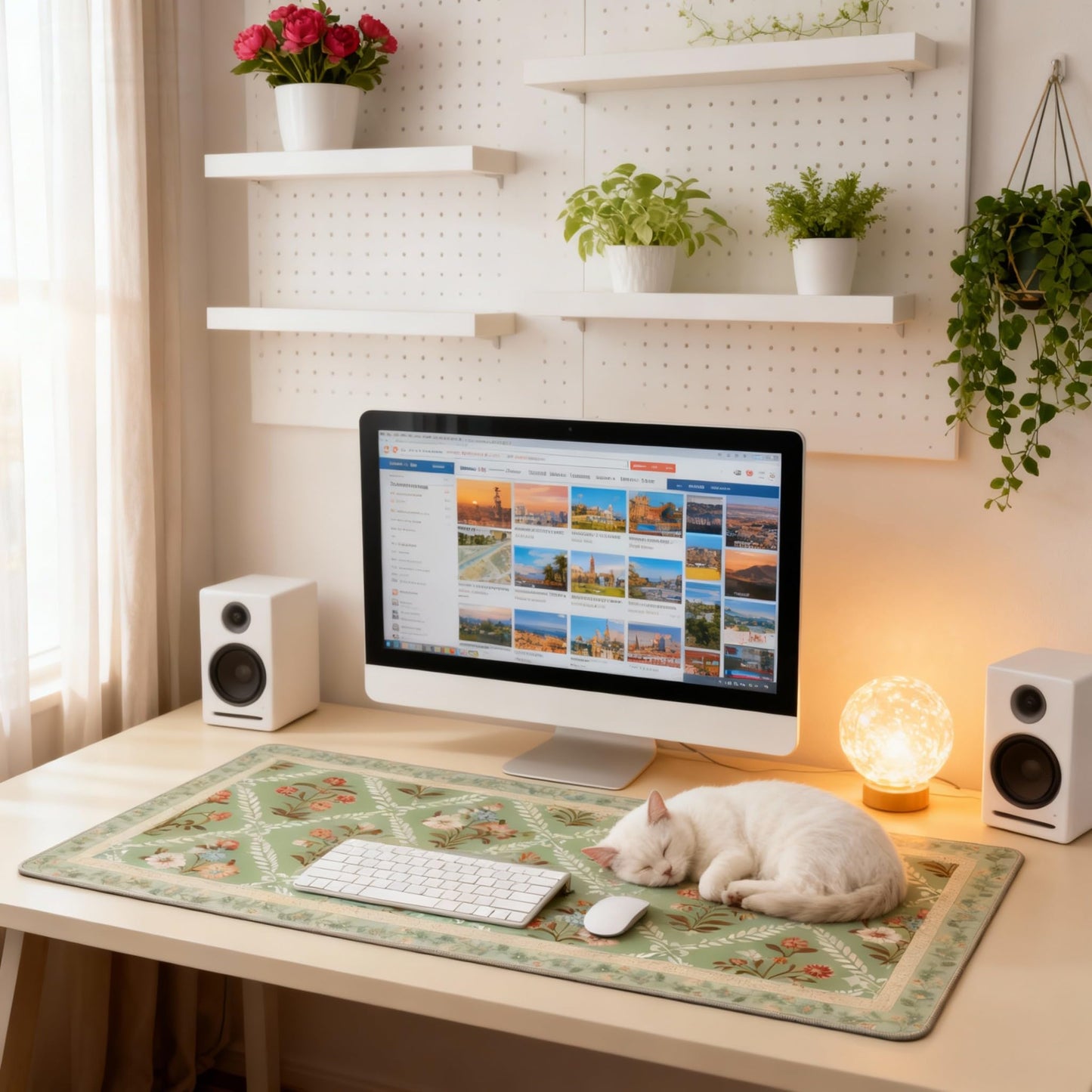 XXL Large Floral Mouse Pad - Sage Green Flower Desk Mat with Stitched Edges & Anti-Slip Base