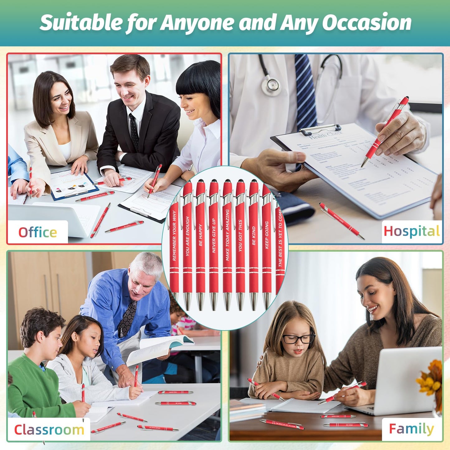 200 Piece Inspirational Pens Kit with Stylus Tip & Sayings – 100 Motivational Pen + 100 Individual