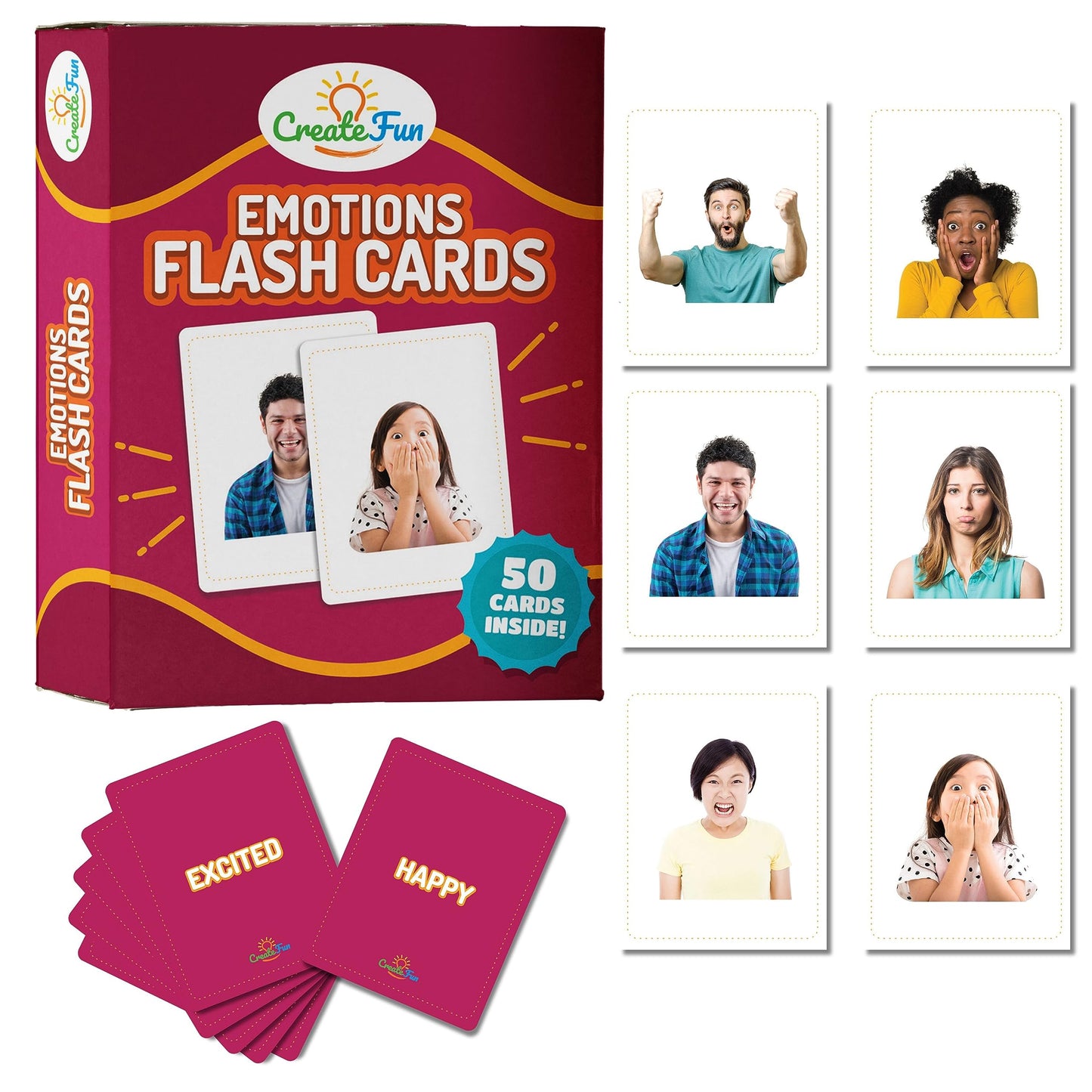 CreateFun 50 Emotion Flash Cards V1, Real Photo Feelings for Autism,Aphasia