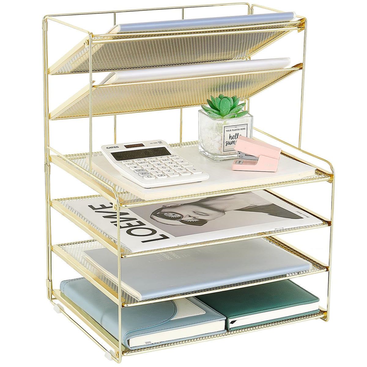 OPNICE Desk Organizer, 6-Tier Paper Organizer Letter Tray, Gold