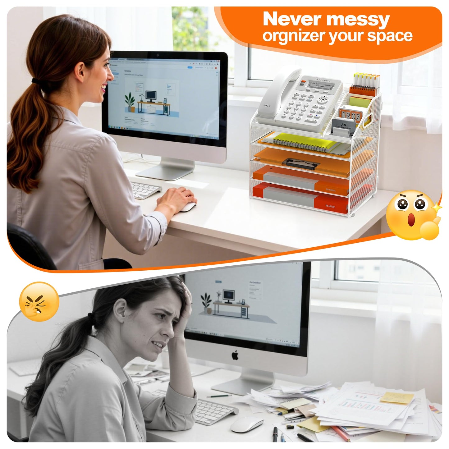 DocNest 5 Tier Metal Mesh Desk File Organizer with Phone Shelf, White