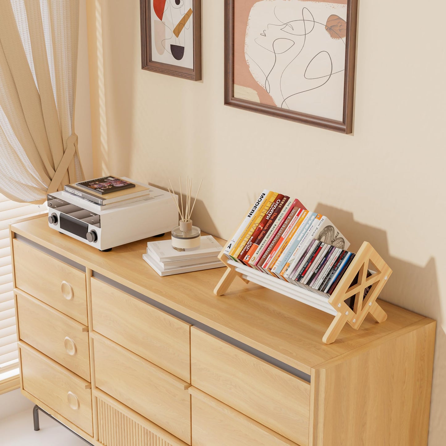 ART-GIFTREE Desktop Bookshelf Organizer, Wood Office Tabletop Book Storage Rack, Tilting Bookcase