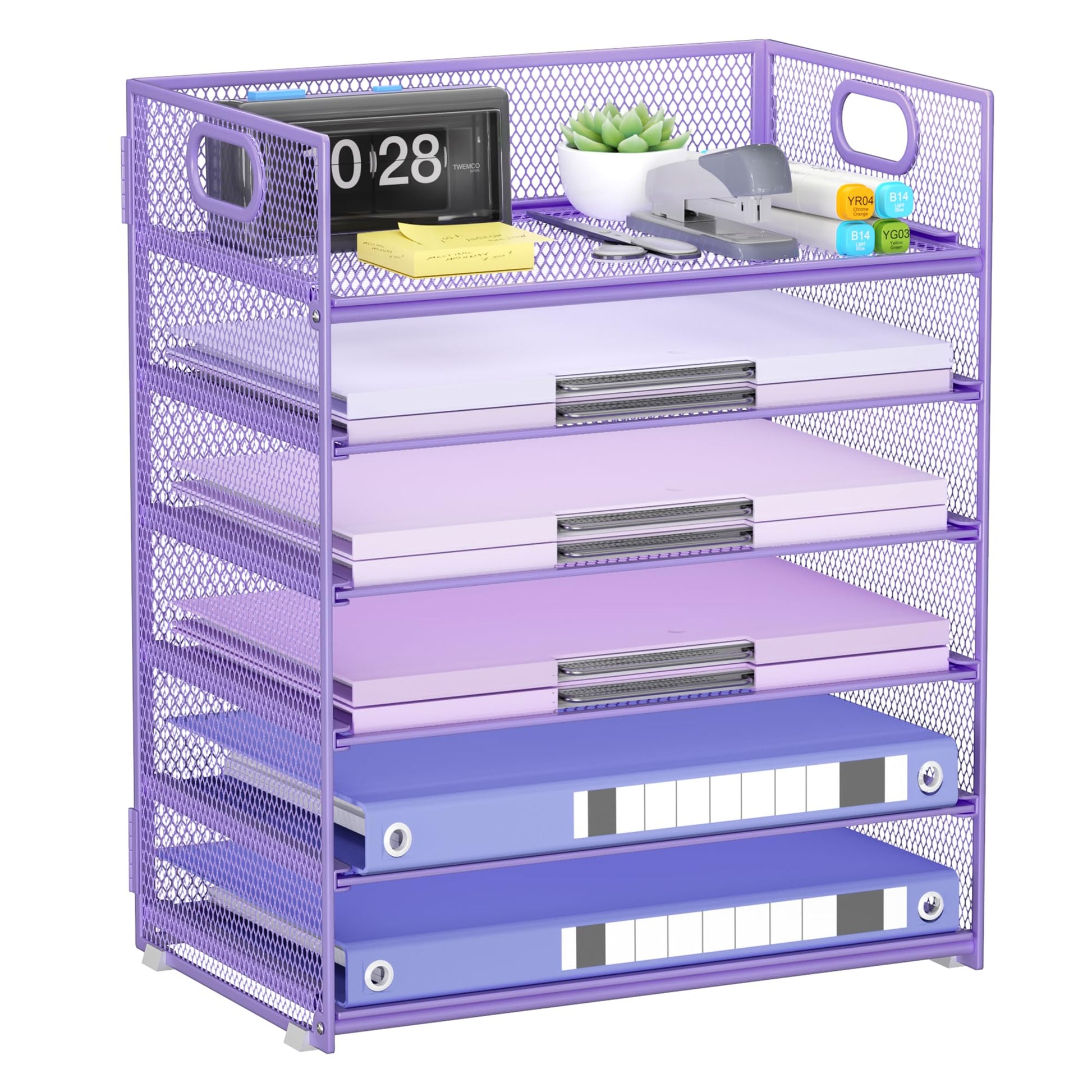 Kinkota Purple Paper Organizer for Desk with Handle, 6-Tier