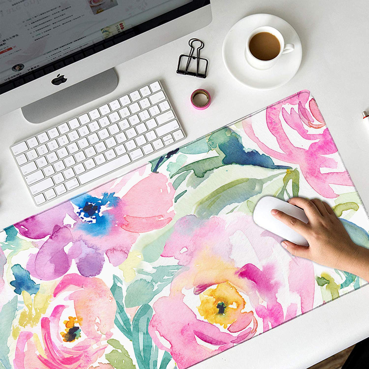 HAOCOO Floral Extended Desk Pad, Large Mouse Mat With Edge Stitching, 2 MM Thick Waterproof