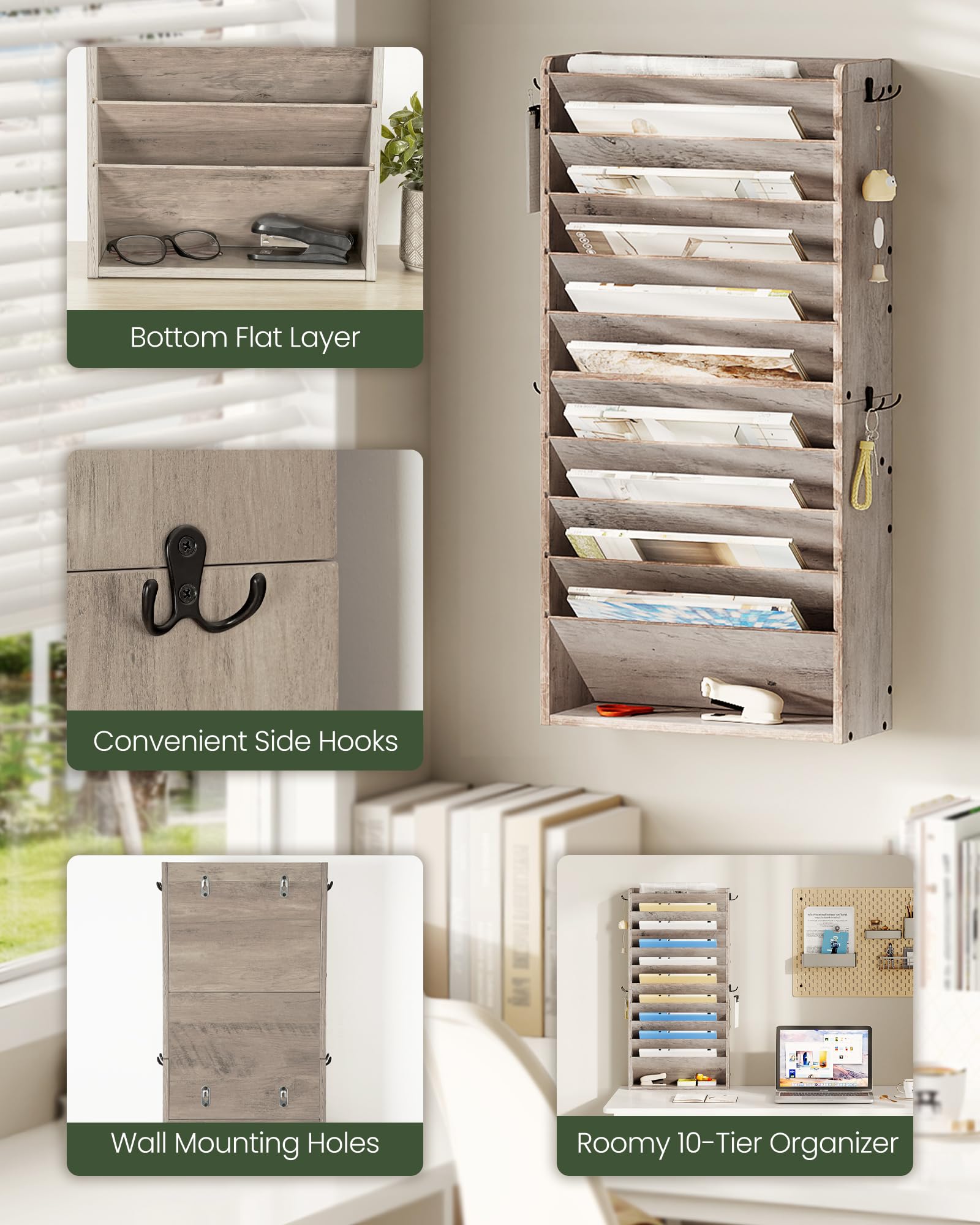 CHOEZON Wall File Organizer, 10-Tier Hanging Mail Organizer, Wall Mount File Holder with 4 Side