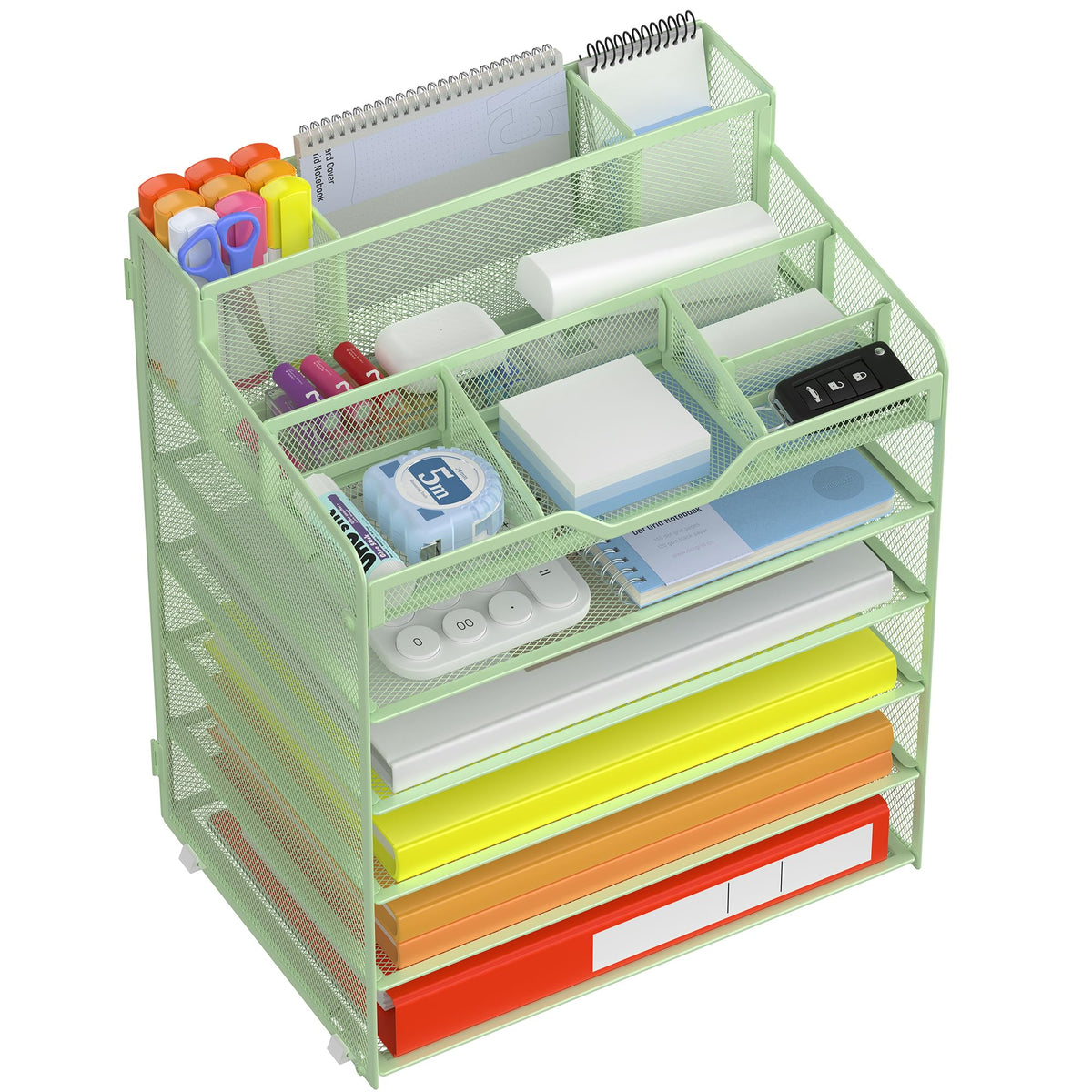 Docnest 6 Tier Mesh Desk Organizer with Letter Tray & Paper Sorter, Green