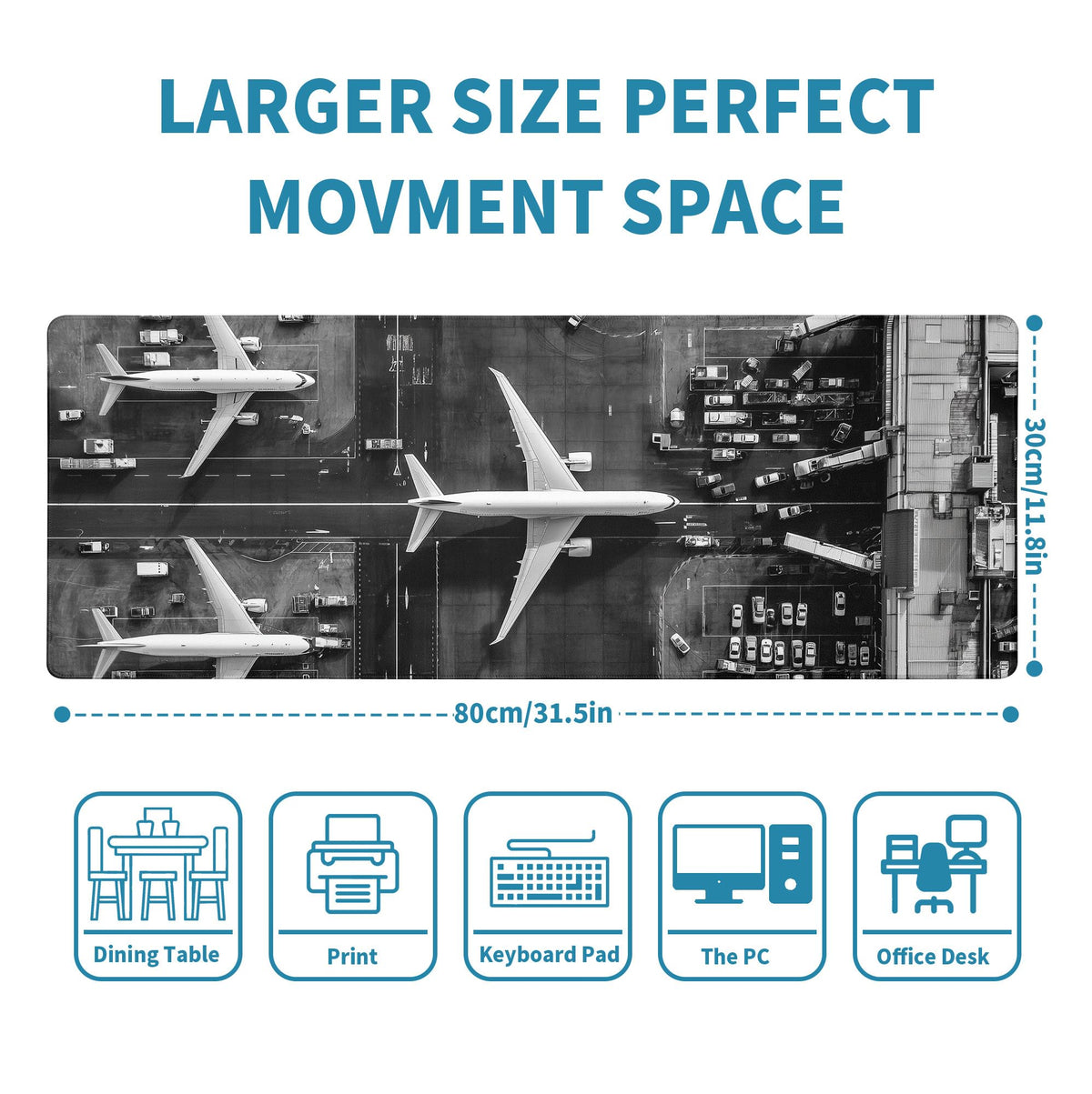 Extended Gaming Mouse Pad with Aircraft Airport Design - Large, Thick Rubber Desk Mat with