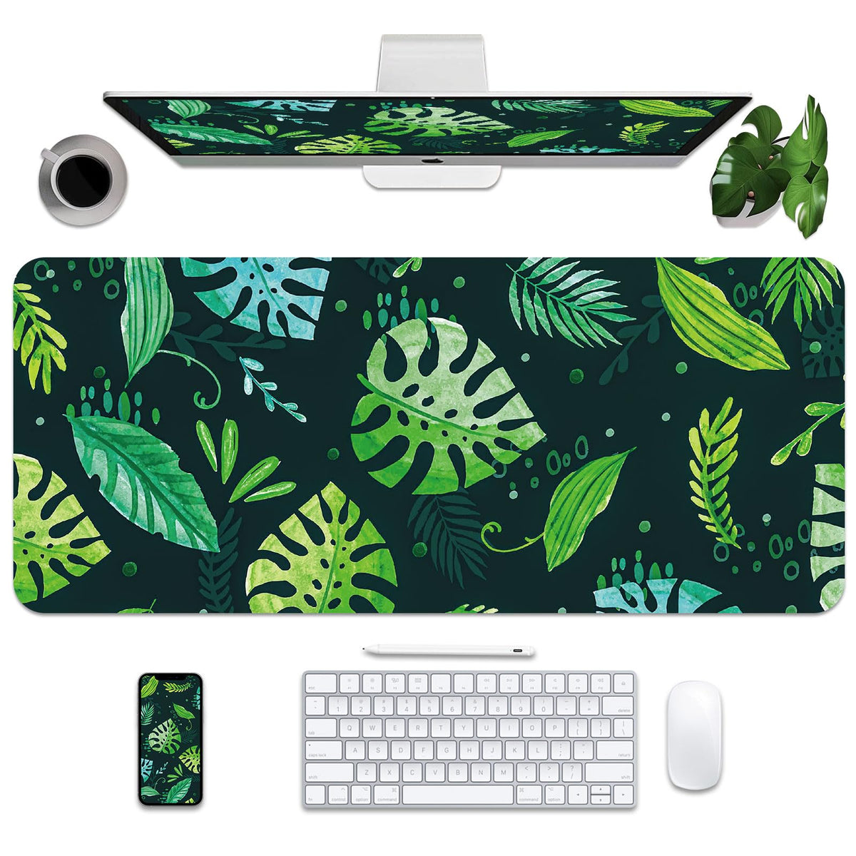 Green Desk Mat 35.4" x 15.7", Cute Plant Cool Desk Pad Keyboard Mat Flower Mouse Pad Green Desk Mat
