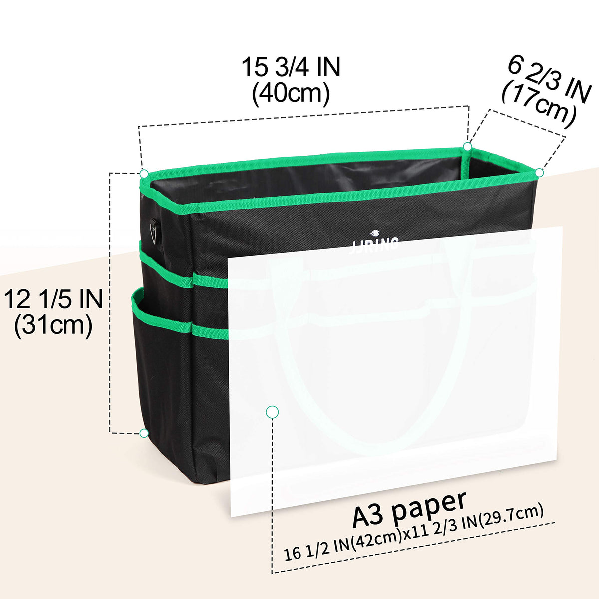JJRING Large 600D Nylon Artist Organizer Tote Bag With 16 Pockets, Green