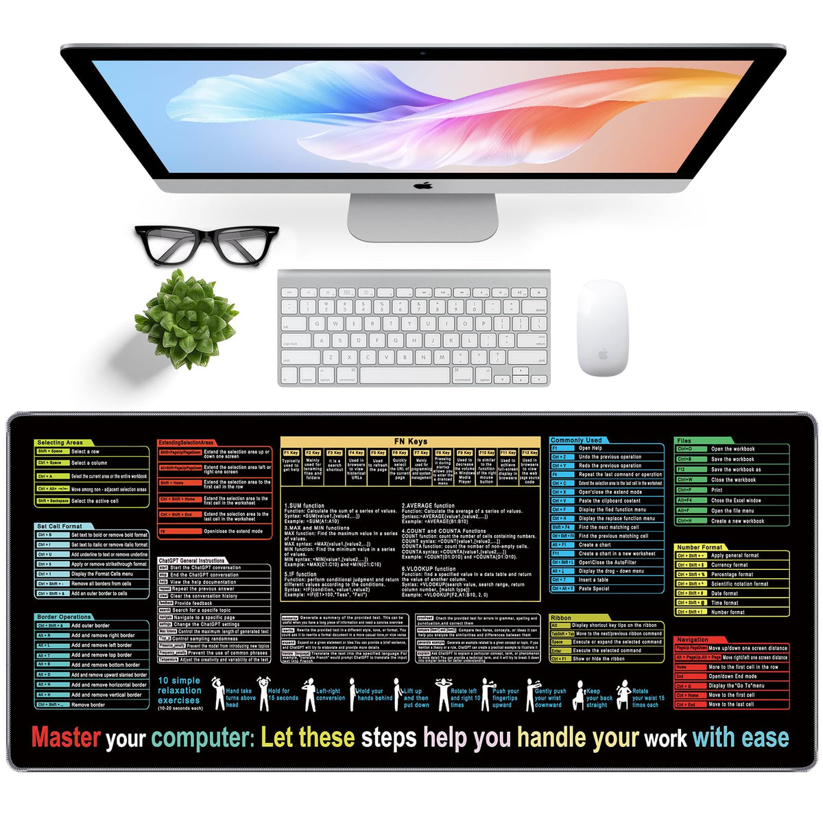 Excel Mouse Pad 35.4 x 15.7in, Excel Shortcuts Mouse Pad Provide Quick Convenience for Office