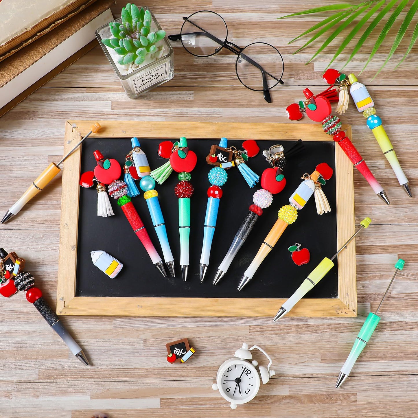 Jutom 12 Pcs Teacher Beadable Pens with 50 Colorful Beads 12 Tassels 12 Pendants Silicone Focal