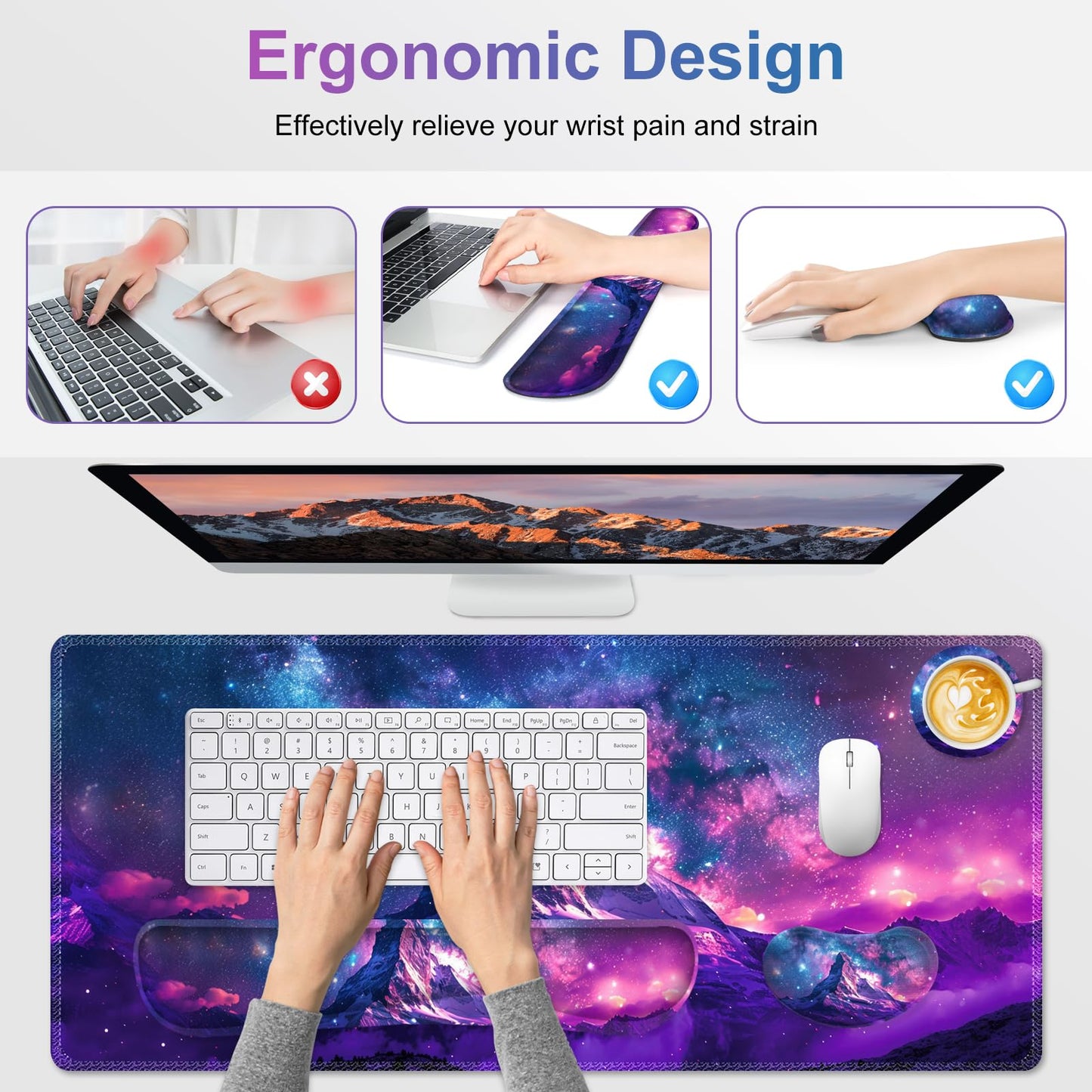 NXZGO Large Gaming Mouse Pad Set, Purple 4 in1 Ergonomics Keyboard Desk Mat with Memory Foam Wrist