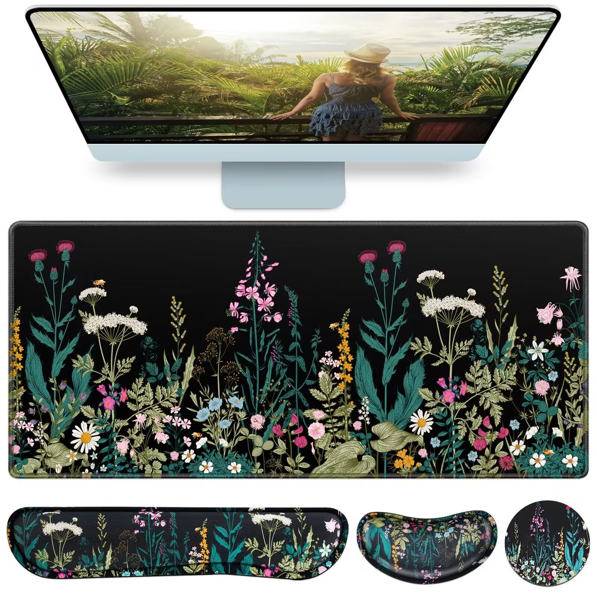 Desk Mat, Large Gaming Mouse Pad with Wrist Rest, 4in1 XXL Mousepad Floral