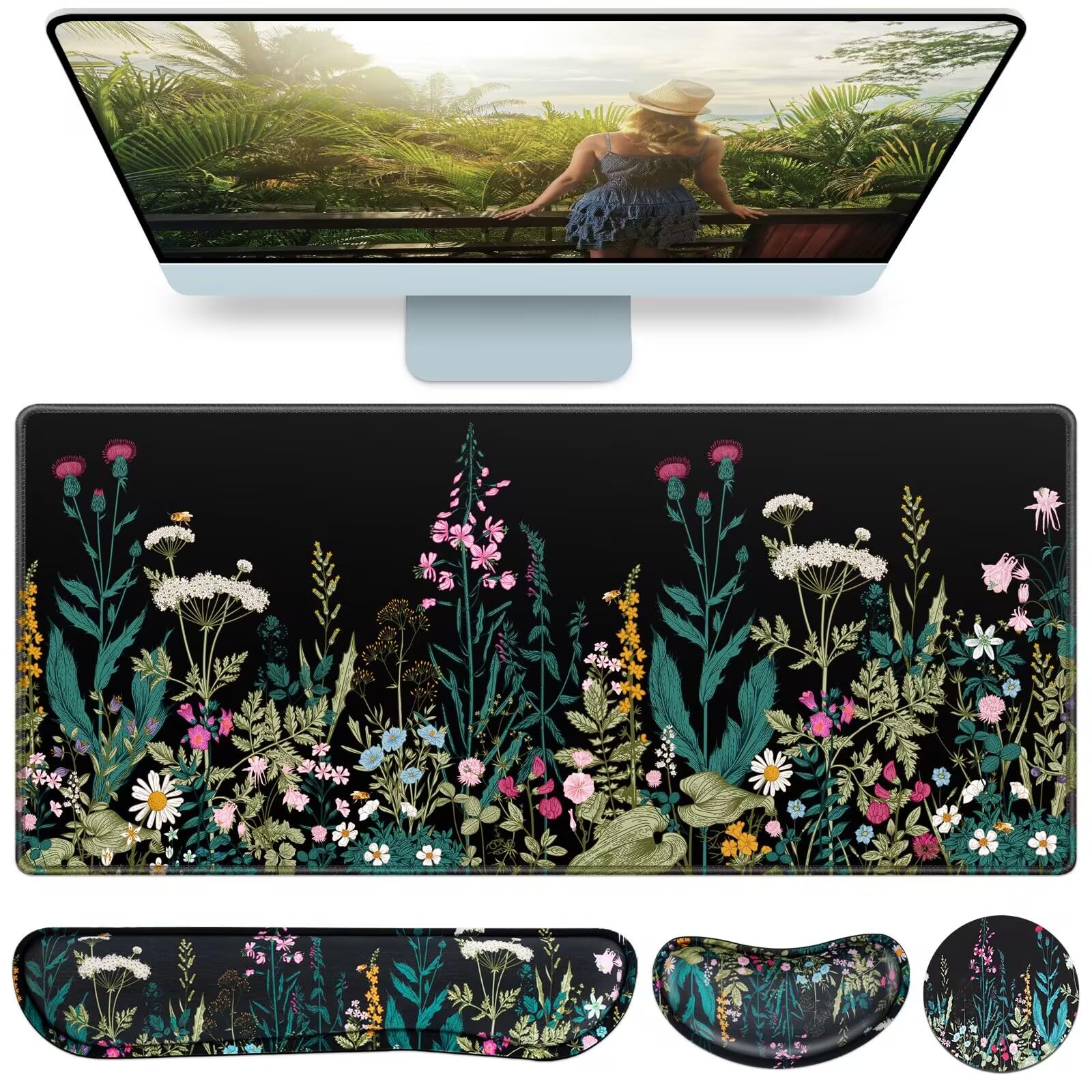 Desk Mat, Large Gaming Mouse Pad with Wrist Rest, 4in1 XXL Mousepad Floral