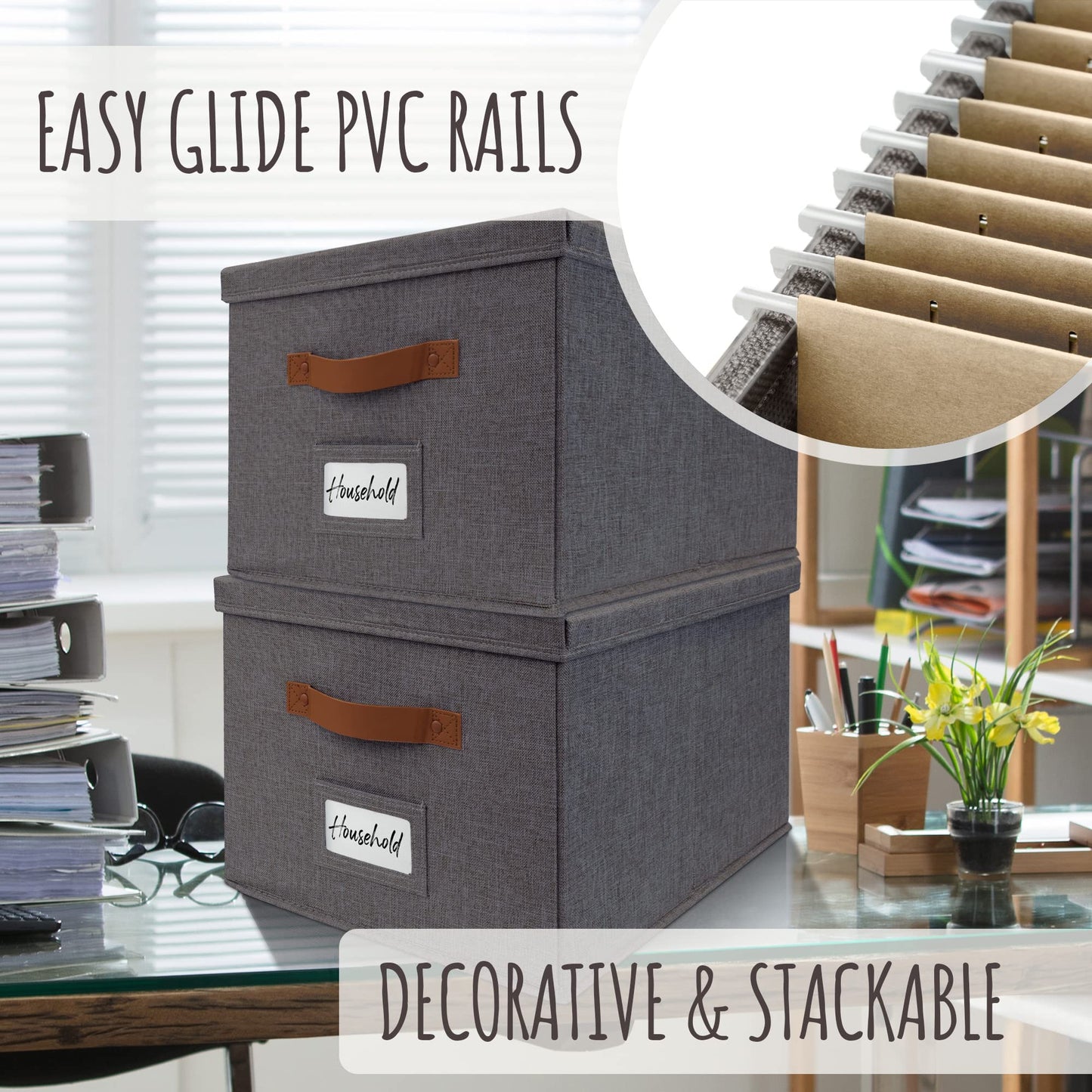Decorative File Organizer Box Set of 2 - Collapsible Linen Filing Cabinets