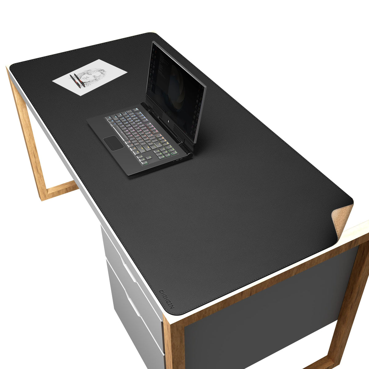 Chihein 51” x 24” Cork & PU Leather Desk Mat (Black) - Large Mouse Pad, Double Sided Waterproof