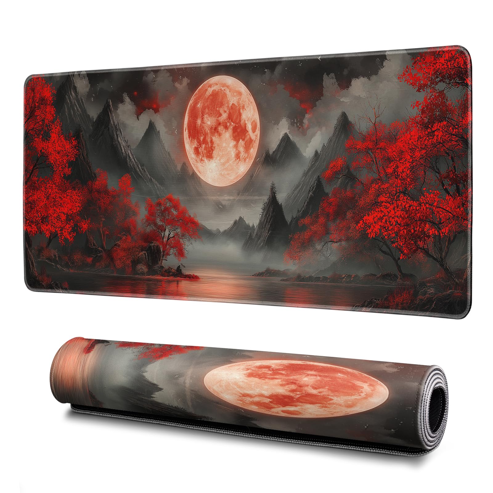 Darkness Red Moon Mouse Pad Abstract Red Mouse Pad 31.5x11.8 Inch Texture Non-Slip Rubber Base