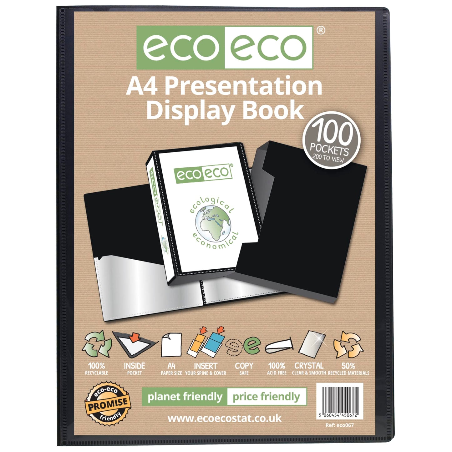 eco-eco A4 Size 50% Recycled 100 Pocket Black Presentation Display Book, Storage Case Portfolio Art