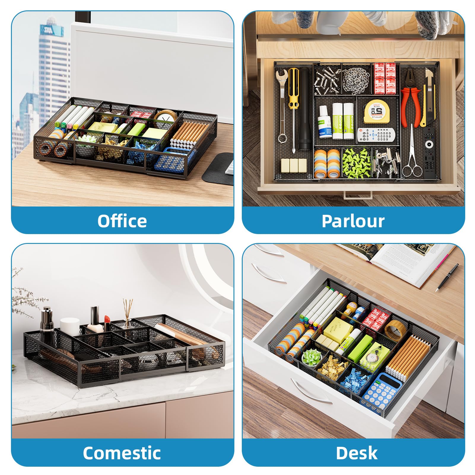 Marbrasse Expandable Desk Drawer Organizer, Mesh Drawer Organizer Tray with 10 Adjustable