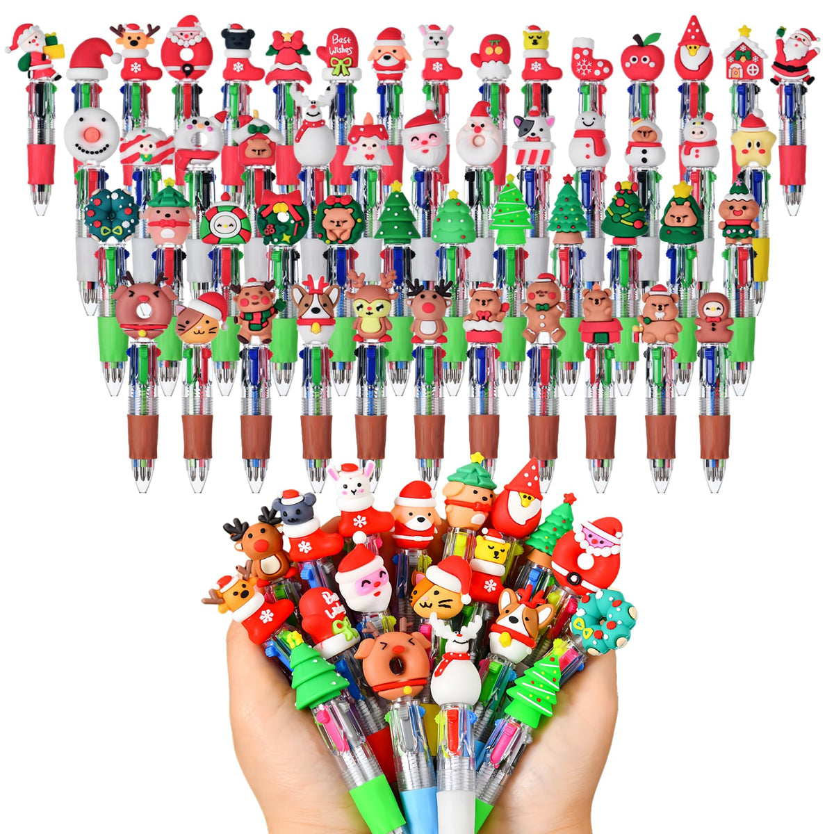 Oneshow 50 Pack Mini Christmas Pens 4 in 1 Multicolor Ballpoint Pens