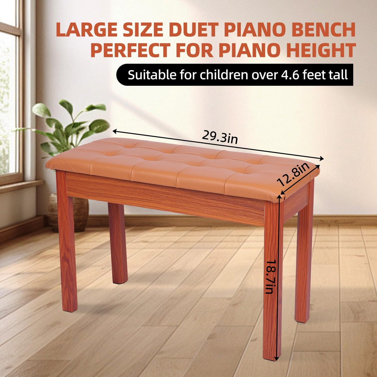 Wooden Duet Piano Bench with Padded Cushion and Storage Compartment, Brown