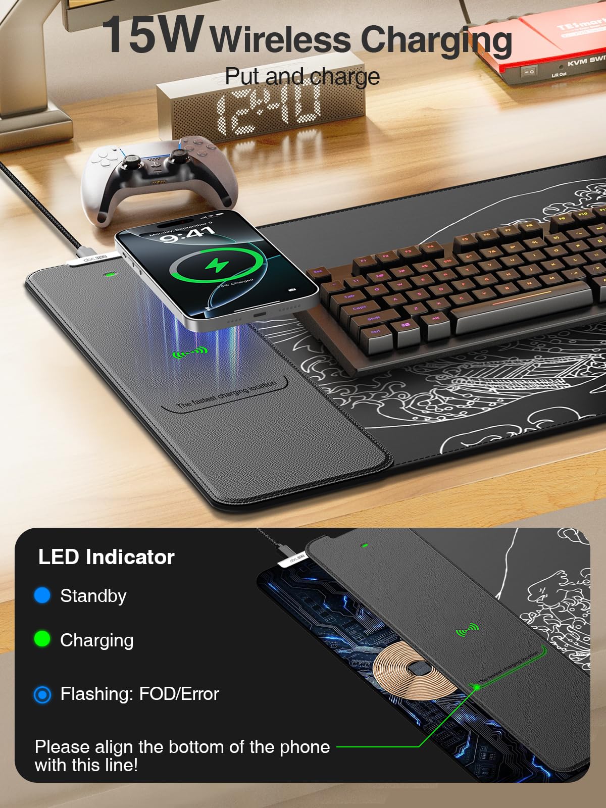 Wireless Charging Mouse Pad, 31.5"x15.8" Large Desk Mat, Smooth Glide