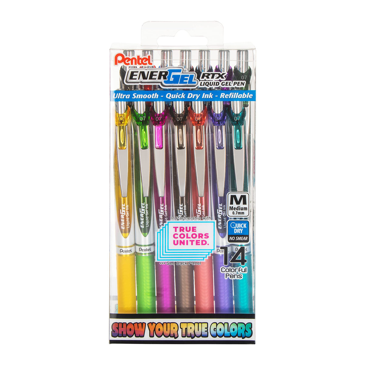 Pentel EnerGel RTX True Colors United 0.7mm, Medium Line, 14 Assorted Ink Colors, Pack of 14 pens