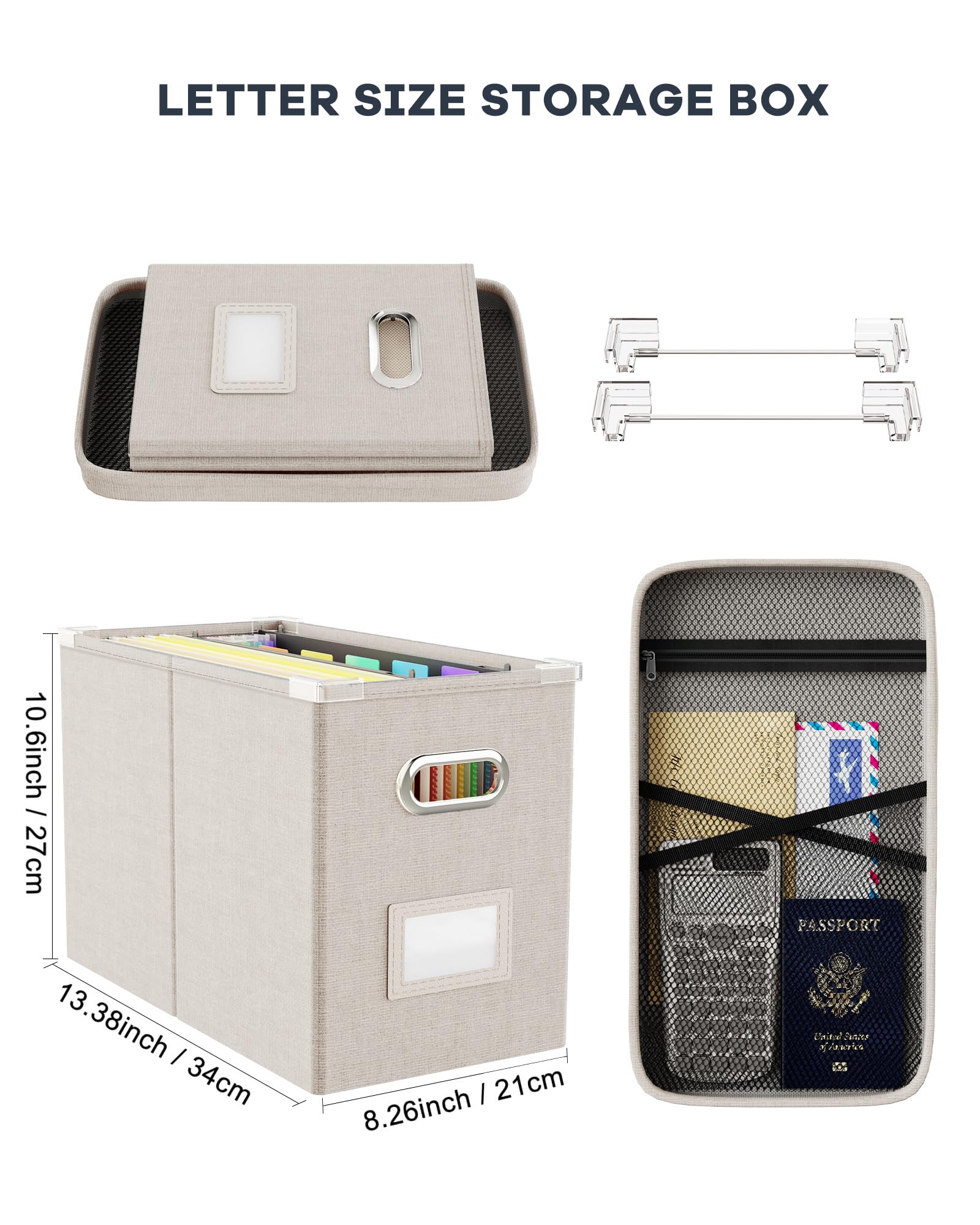 Oterri File Organizer With Lid, Hanging Filing Box With Mesh Pocket, Document Organizer for Letter