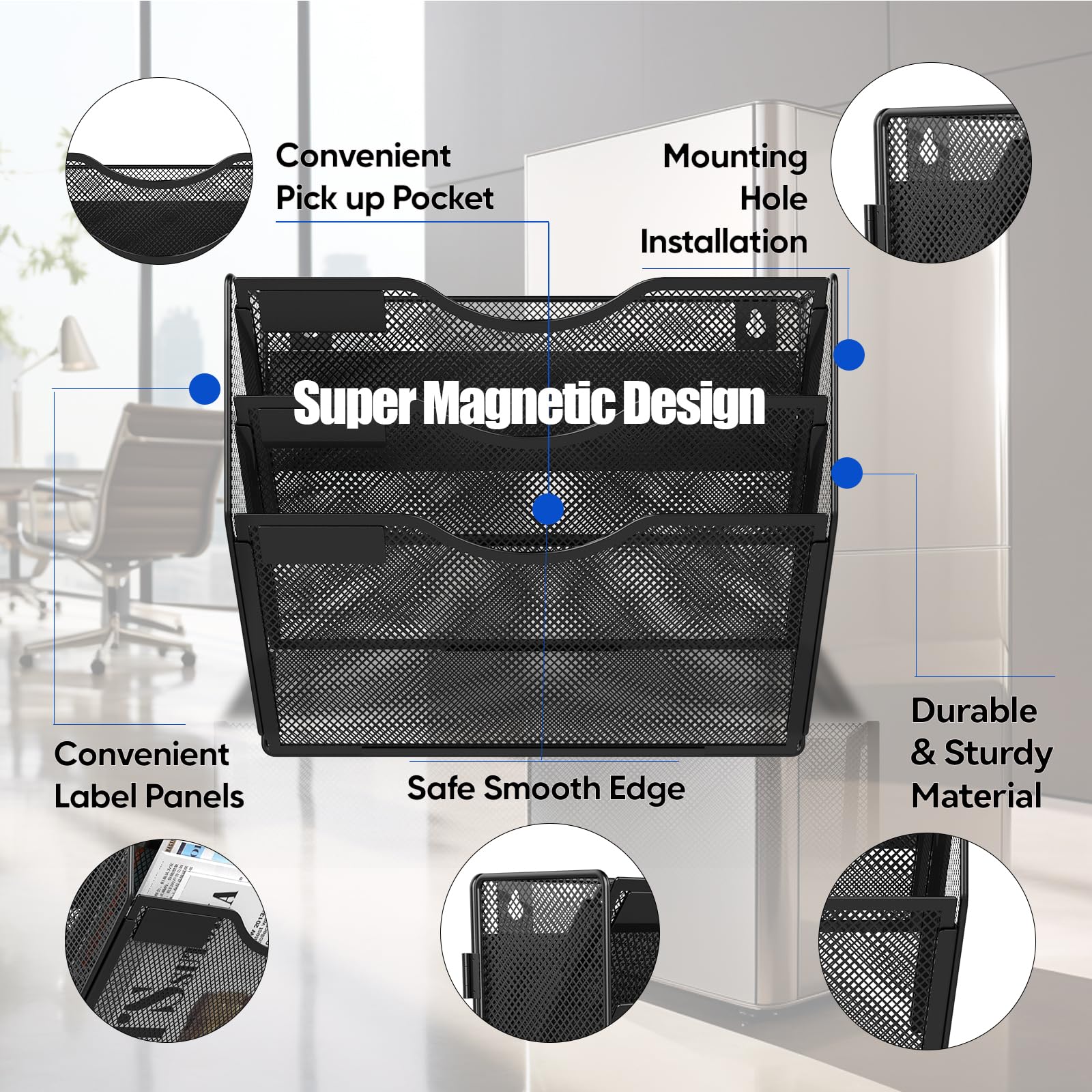 LQPAFZ 3 Tier Magnetic File Holder for File Cabinets, Refrigerator, Whiteboard, Office, No Drilling